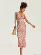 Elegant Floral Fishtail Lace Trim Wrap V-neck Bodycon Floral Dress image 4