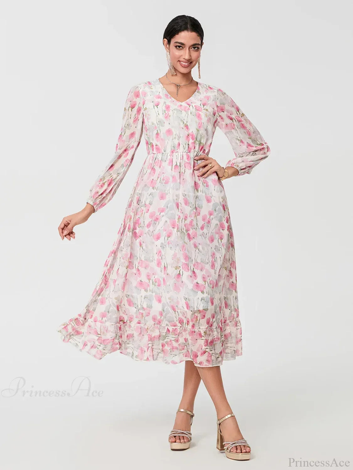 Elegant Floral Flowing Long Sleeve A-Line Floral Dress image 4