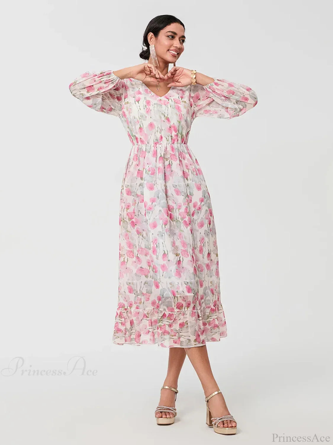 Elegant Floral Flowing Long Sleeve A-Line Floral Dress image 3