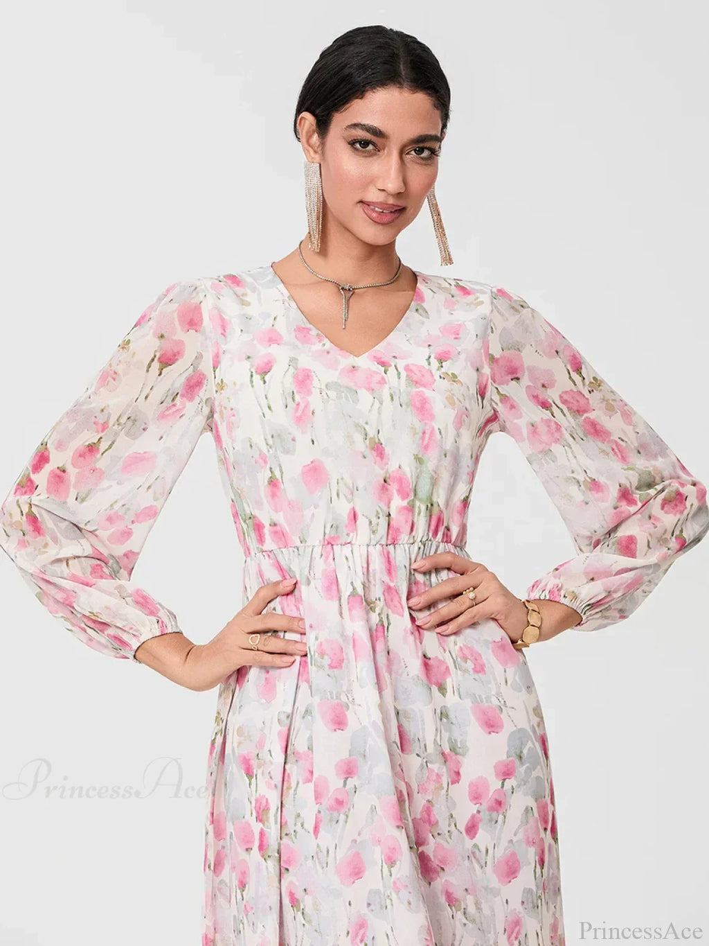 Elegant Floral Flowing Long Sleeve A-Line Floral Dress image 1