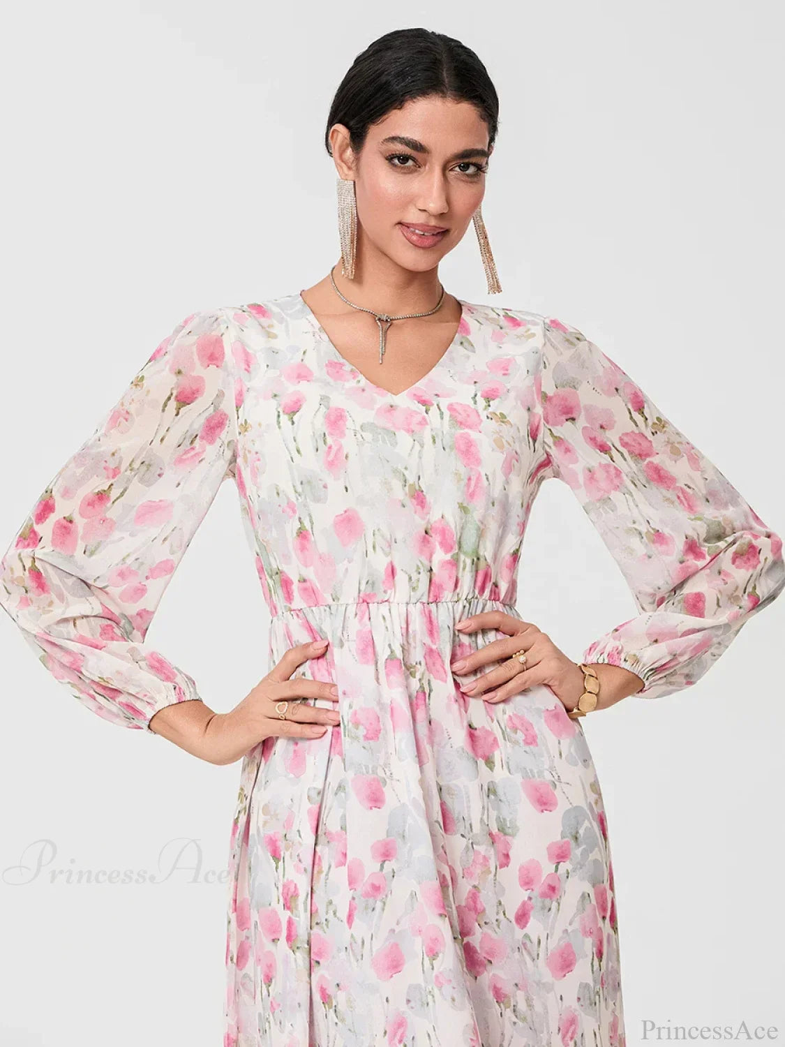 Elegant Floral Flowing Long Sleeve A-Line Floral Dress image 1