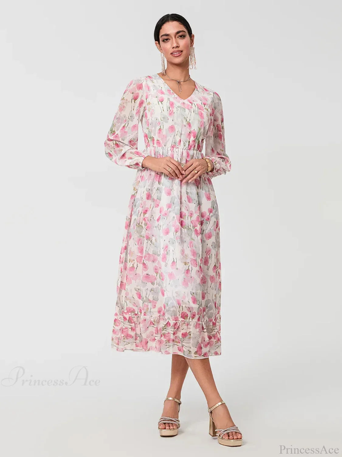 Elegant Floral Flowing Long Sleeve A-Line Floral Dress image 2