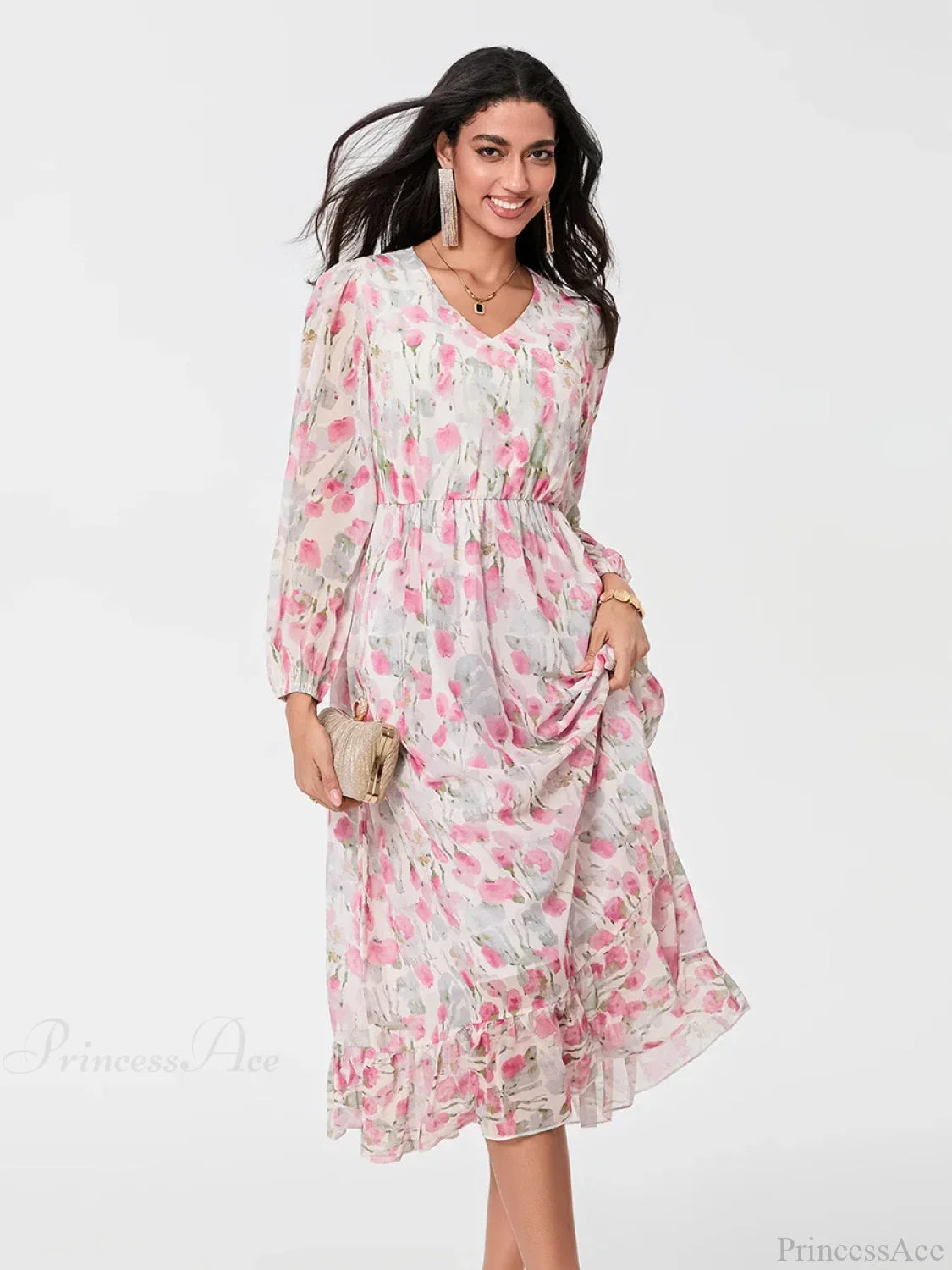 Elegant Floral Flowing Long Sleeve A-Line Floral Dress image 5