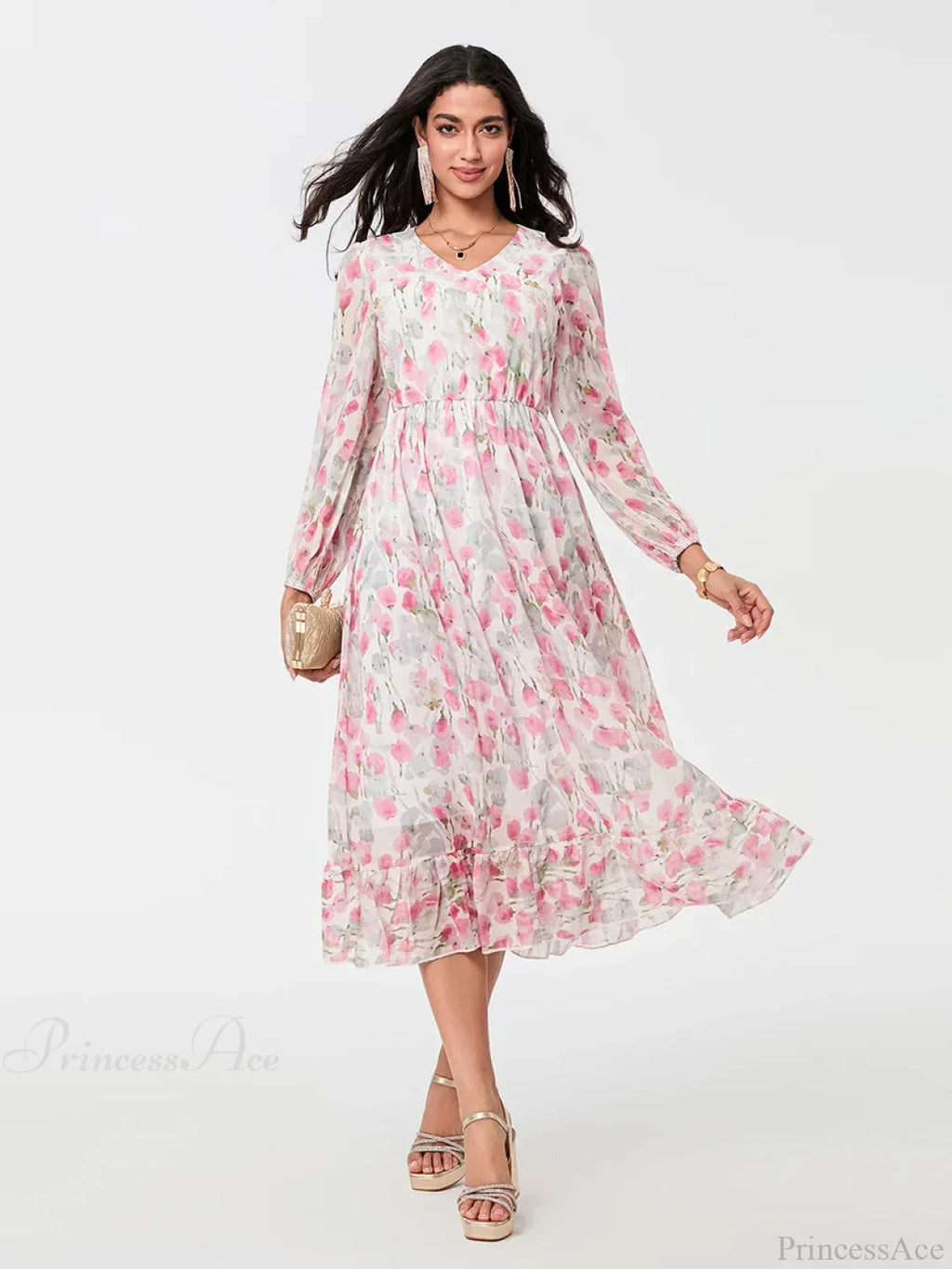 Elegant Floral Flowing Long Sleeve A-Line Floral Dress image 6
