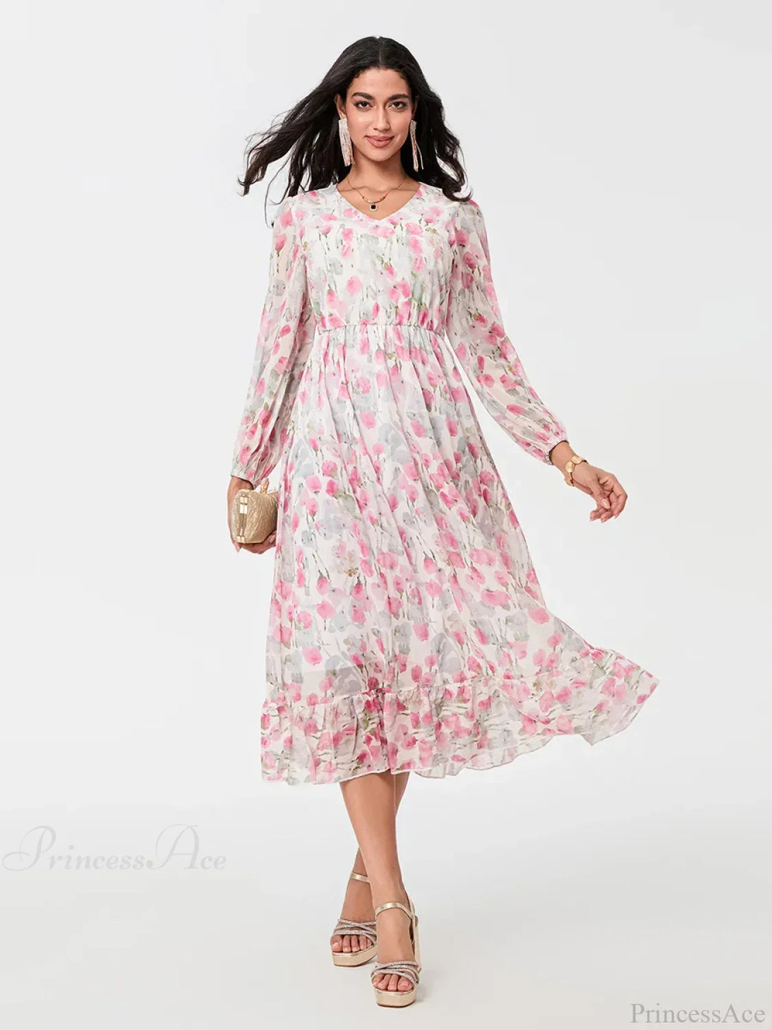 Elegant Floral Flowing Long Sleeve A-Line Floral Dress image 6