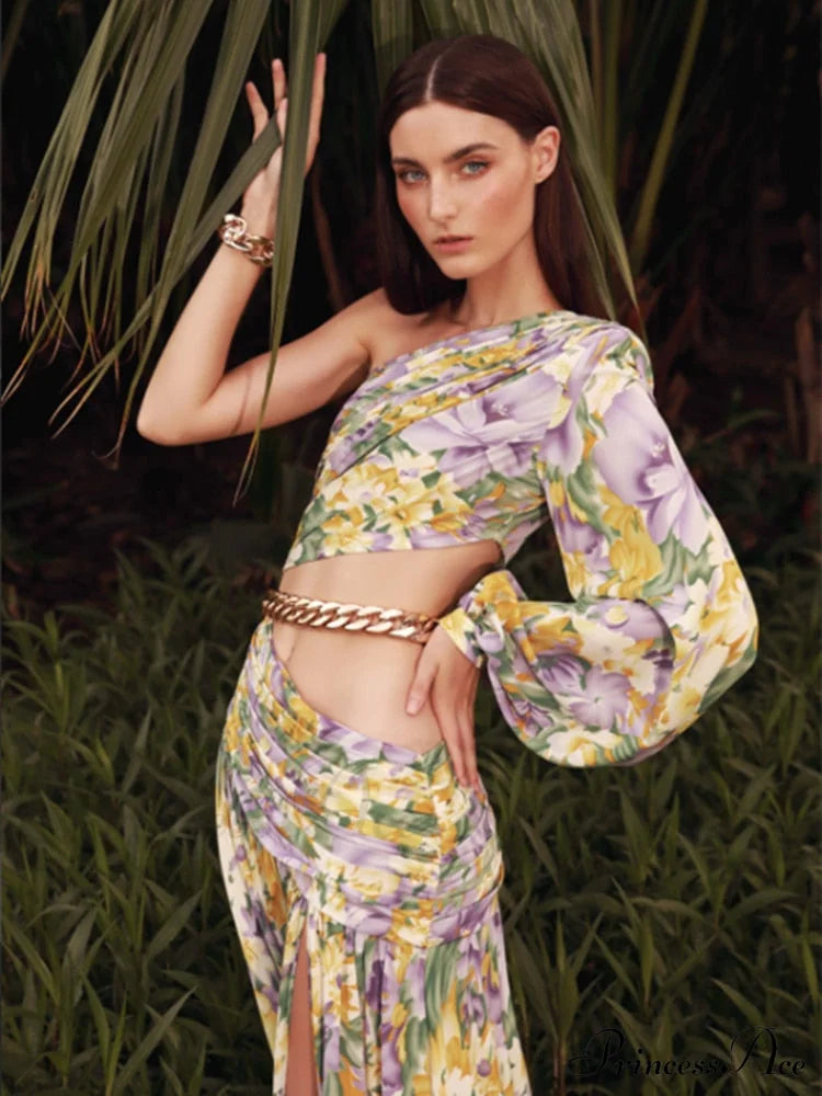 Elegant Floral Irregular Cut Out Long Sleeve Dress image 2