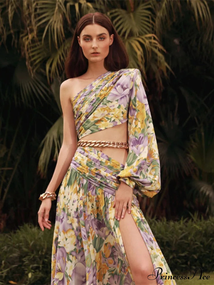 Elegant Floral Irregular Cut Out Long Sleeve Dress image 1