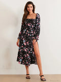 Elegant Floral Midi Puff Sleeve Square Neck Floral Dress image 3