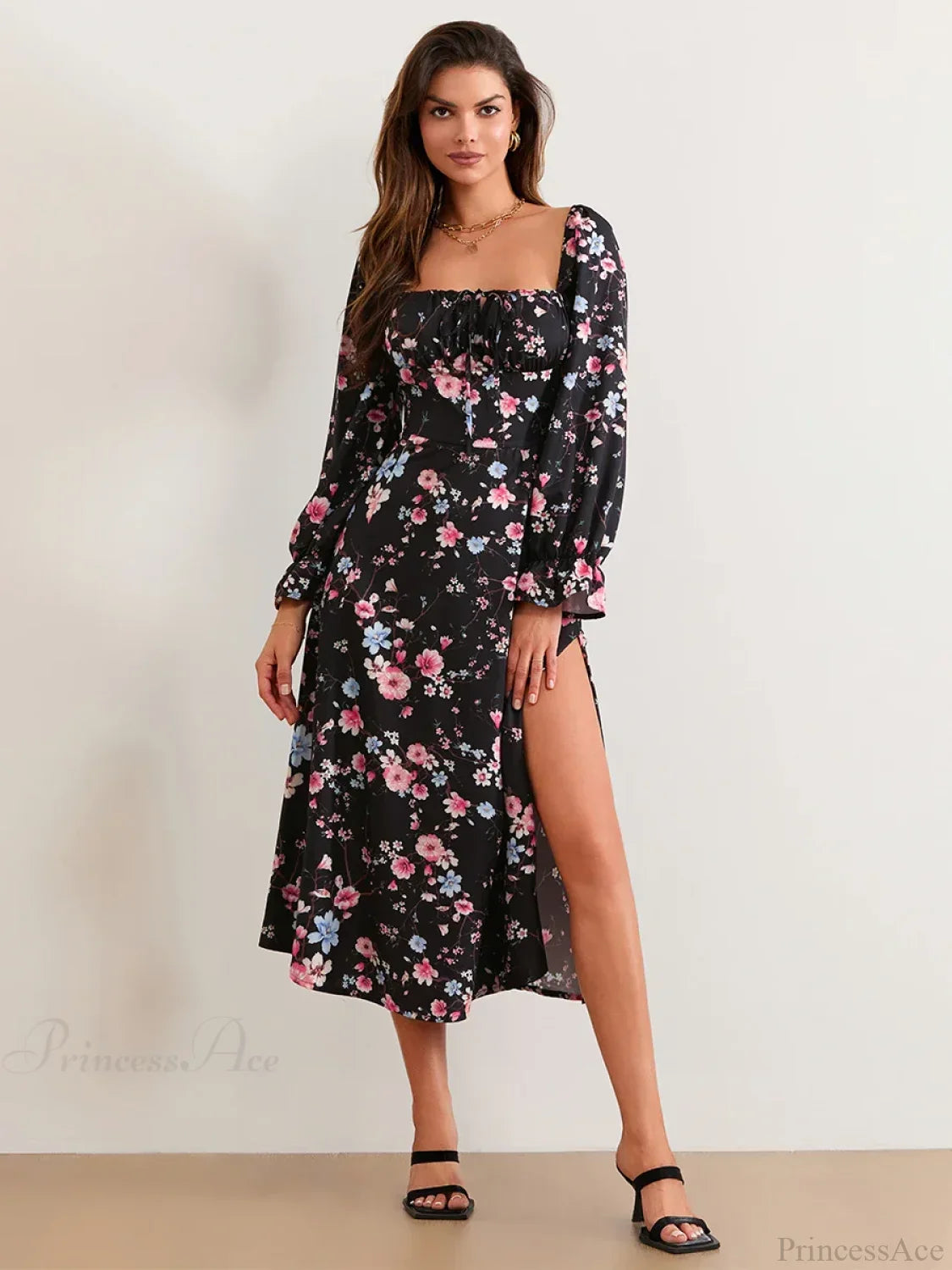 Elegant Floral Midi Puff Sleeve Square Neck Floral Dress image 3