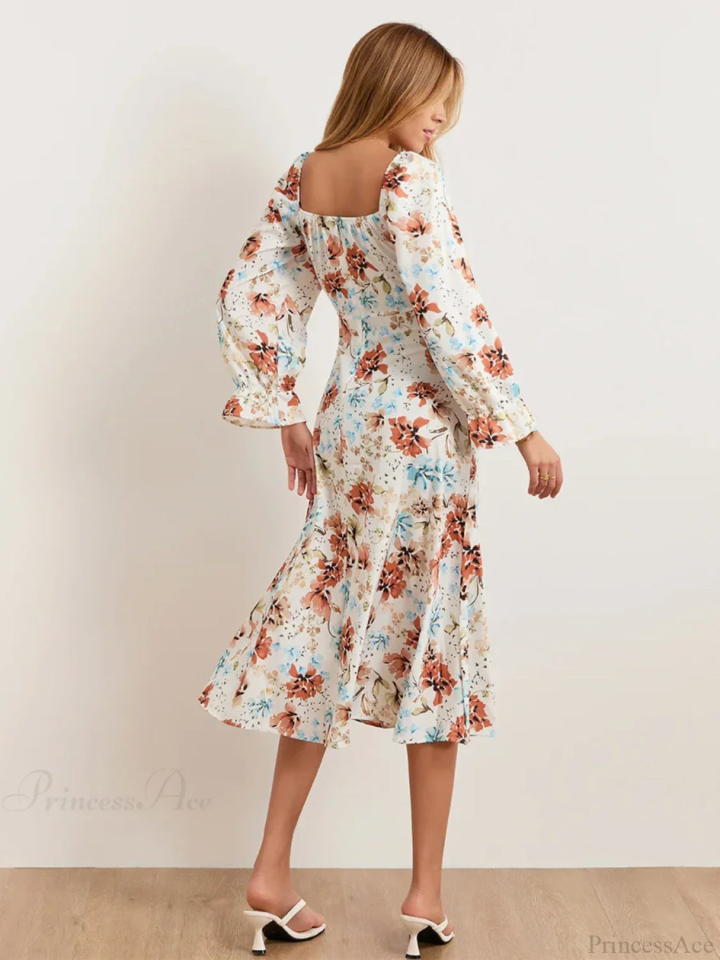 Elegant Floral Midi Puff Sleeve Square Neck Floral Dress image 6