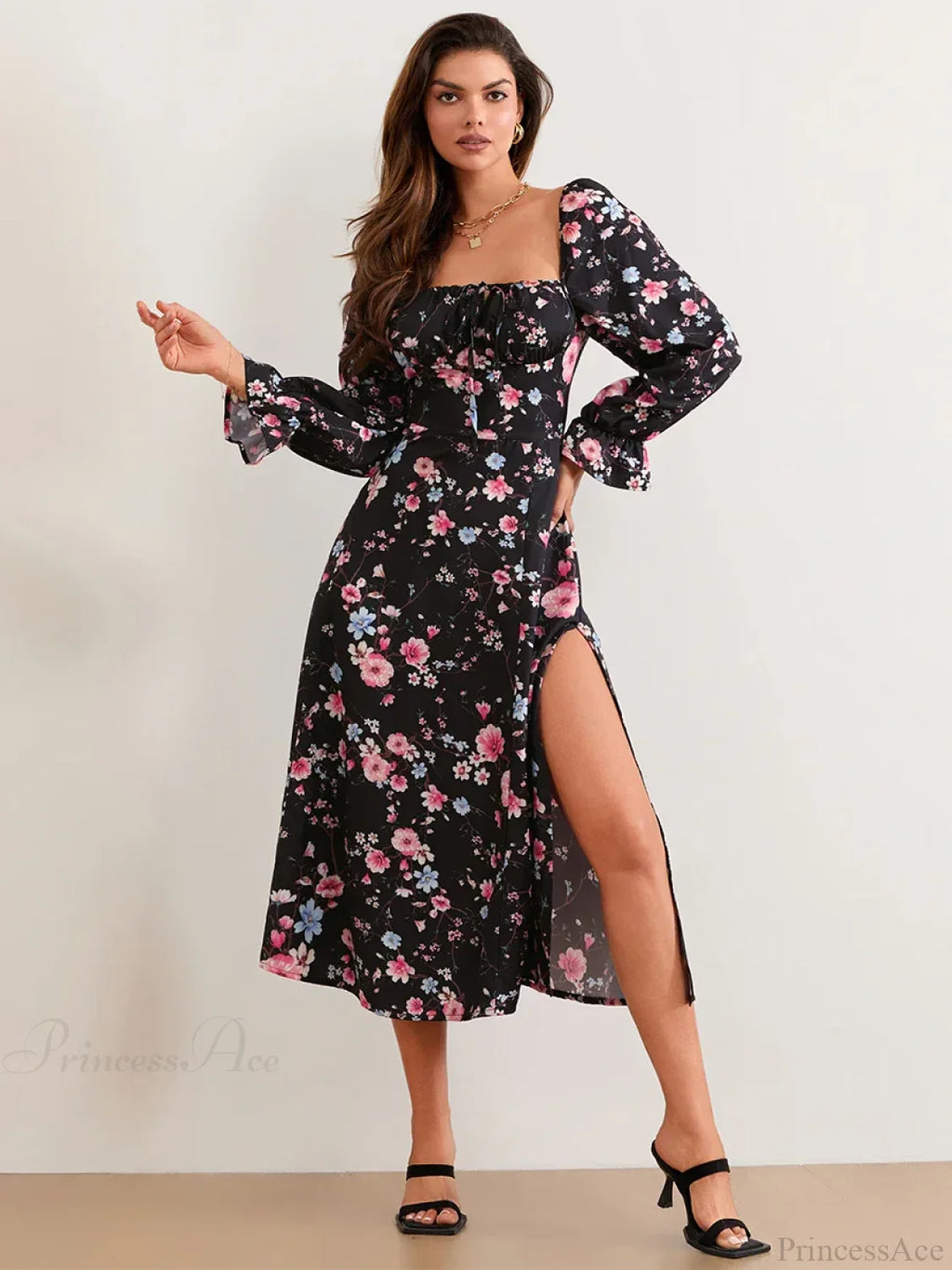 Elegant Floral Midi Puff Sleeve Square Neck Floral Dress image 2
