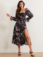 Elegant Floral Midi Puff Sleeve Square Neck Floral Dress image 2