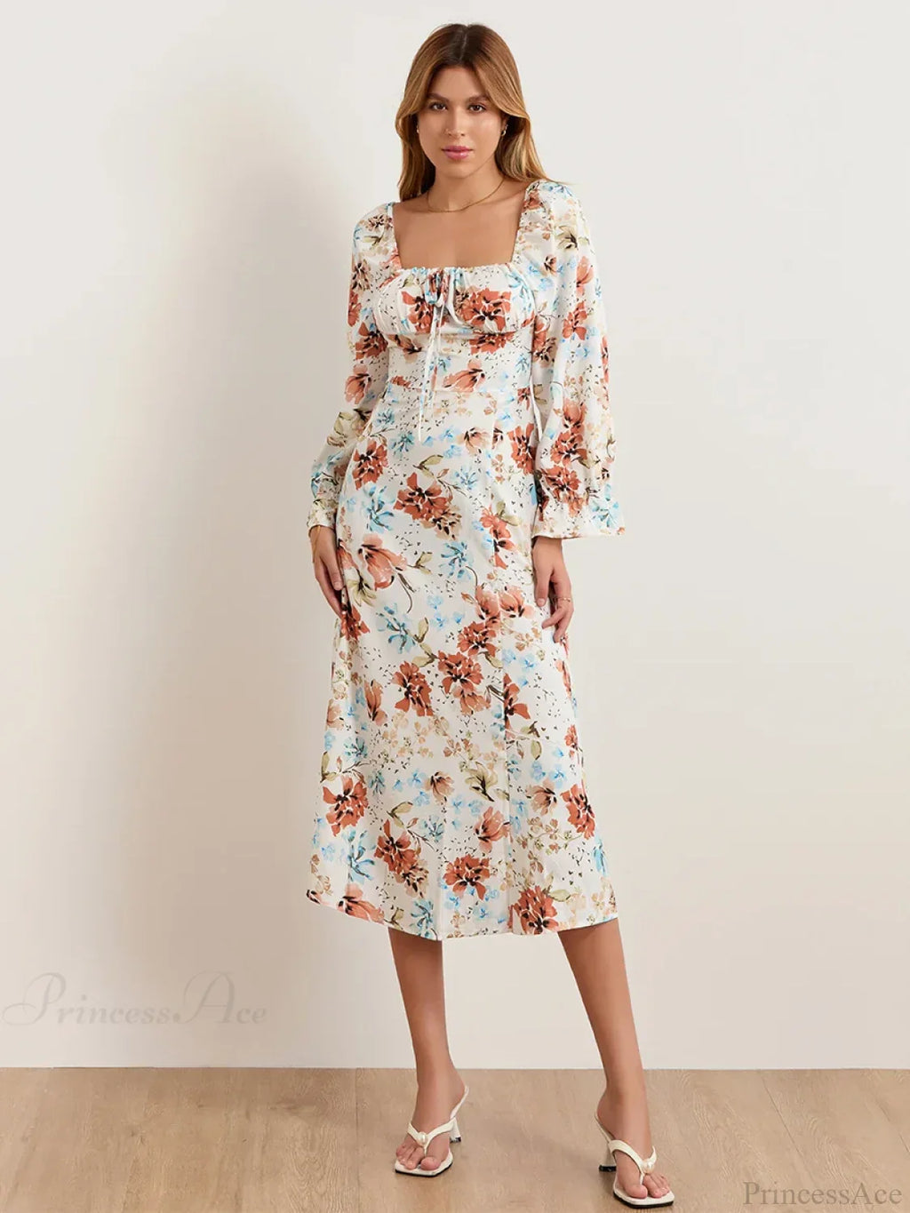 Elegant Floral Midi Puff Sleeve Square Neck Floral Dress image 4