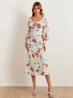 Elegant Floral Midi Puff Sleeve Square Neck Floral Dress image 4