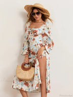 Elegant Floral Midi Puff Sleeve Square Neck Floral Dress image 8
