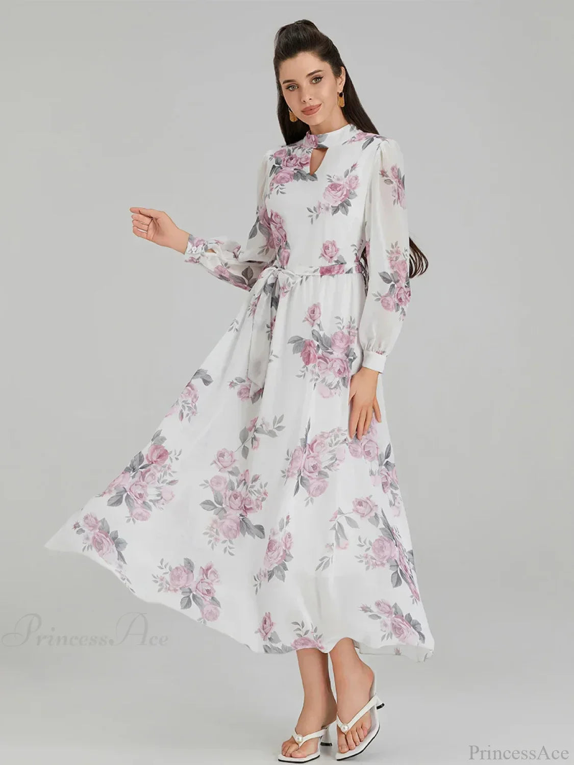 Elegant Floral Print Chiffon Long Lantern Sleeve Tie Waist Floral Dress image 5