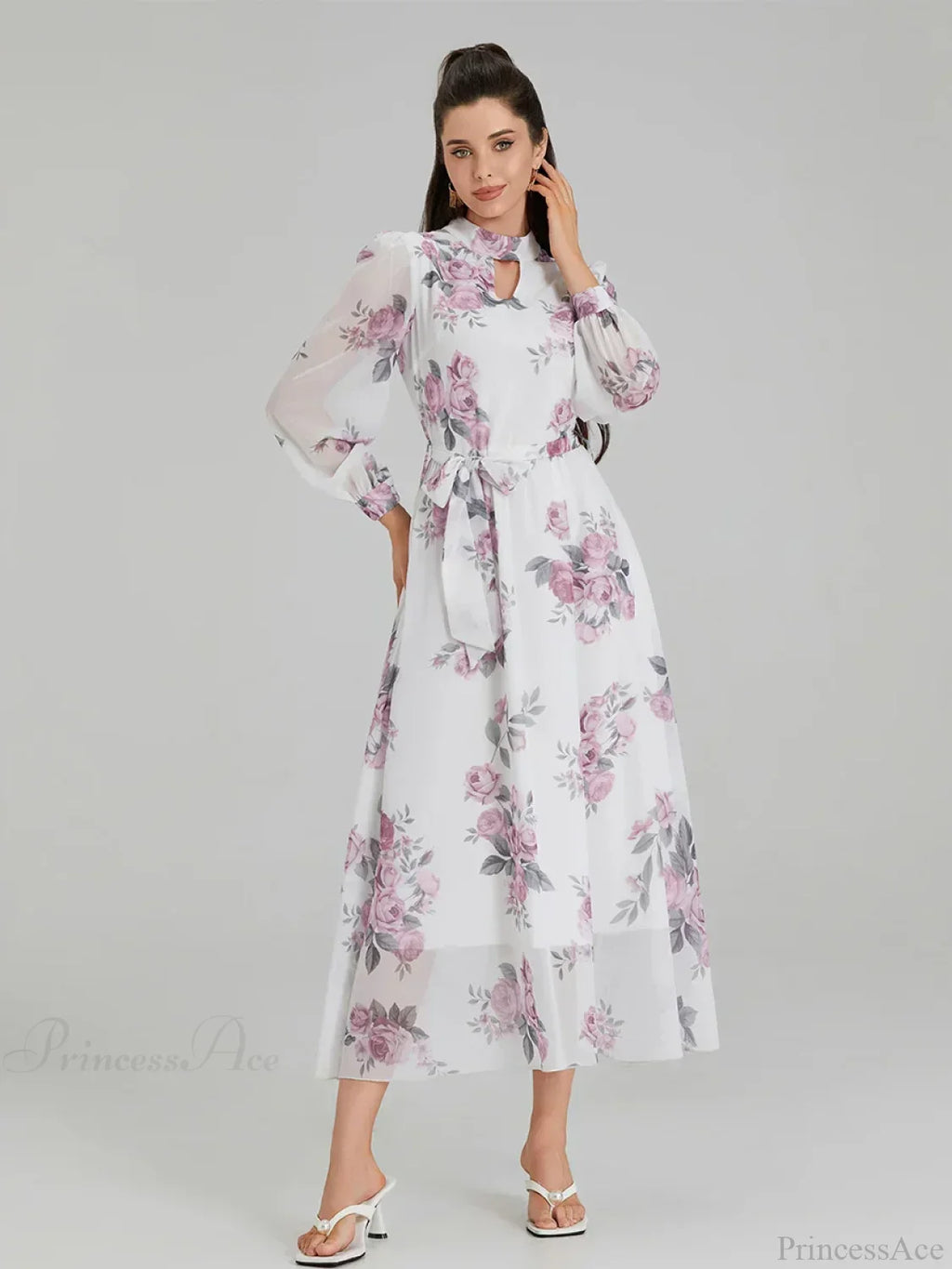 Elegant Floral Print Chiffon Long Lantern Sleeve Tie Waist Floral Dress image 2