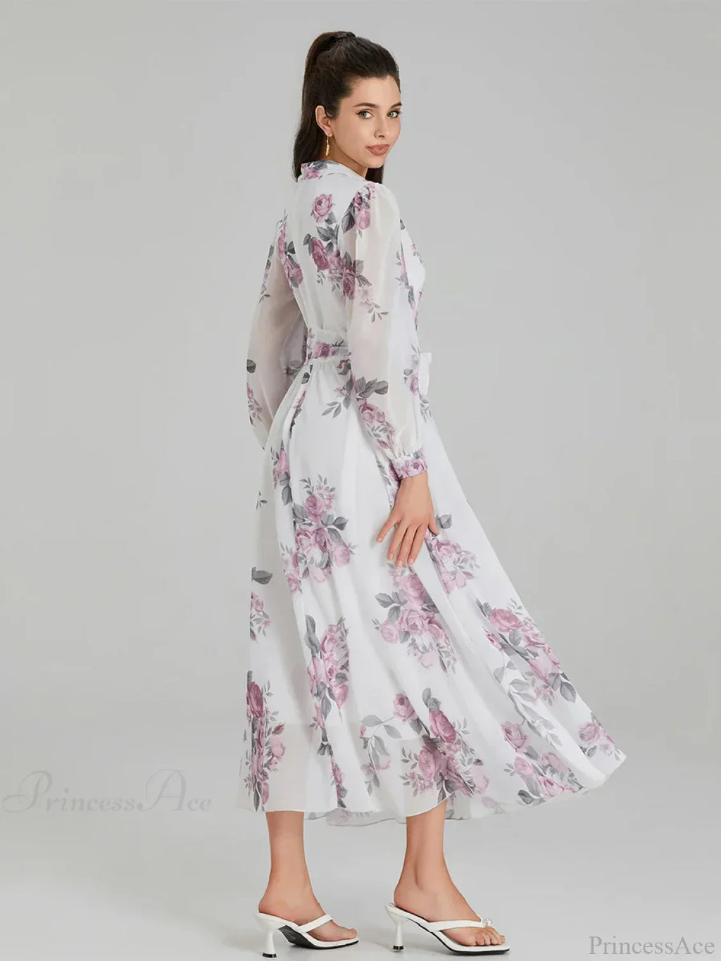 Elegant Floral Print Chiffon Long Lantern Sleeve Tie Waist Floral Dress image 4