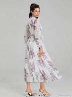 Elegant Floral Print Chiffon Long Lantern Sleeve Tie Waist Floral Dress image 4