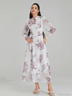 Elegant Floral Print Chiffon Long Lantern Sleeve Tie Waist Floral Dress image 1