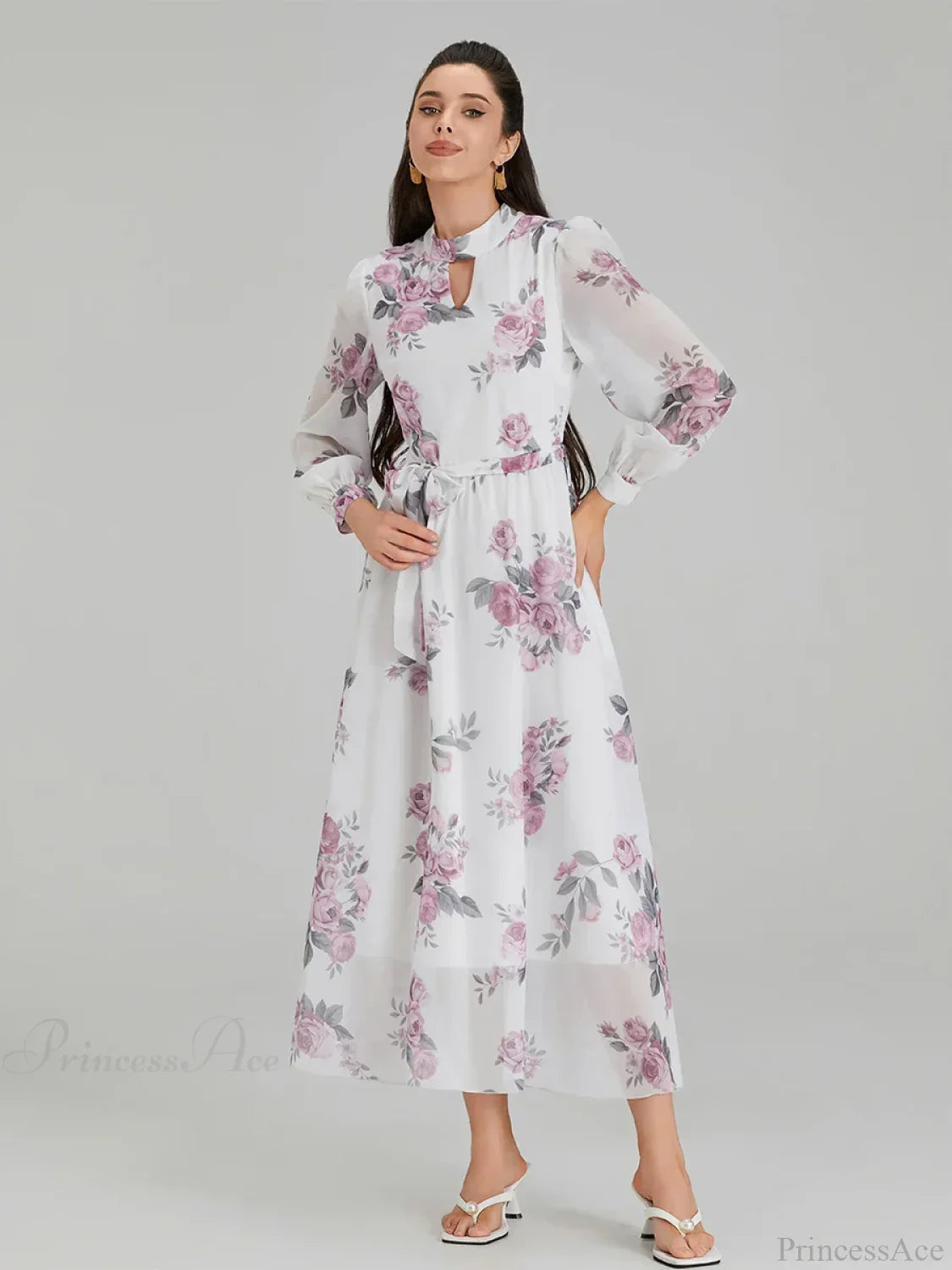 Elegant Floral Print Chiffon Long Lantern Sleeve Tie Waist Floral Dress image 1