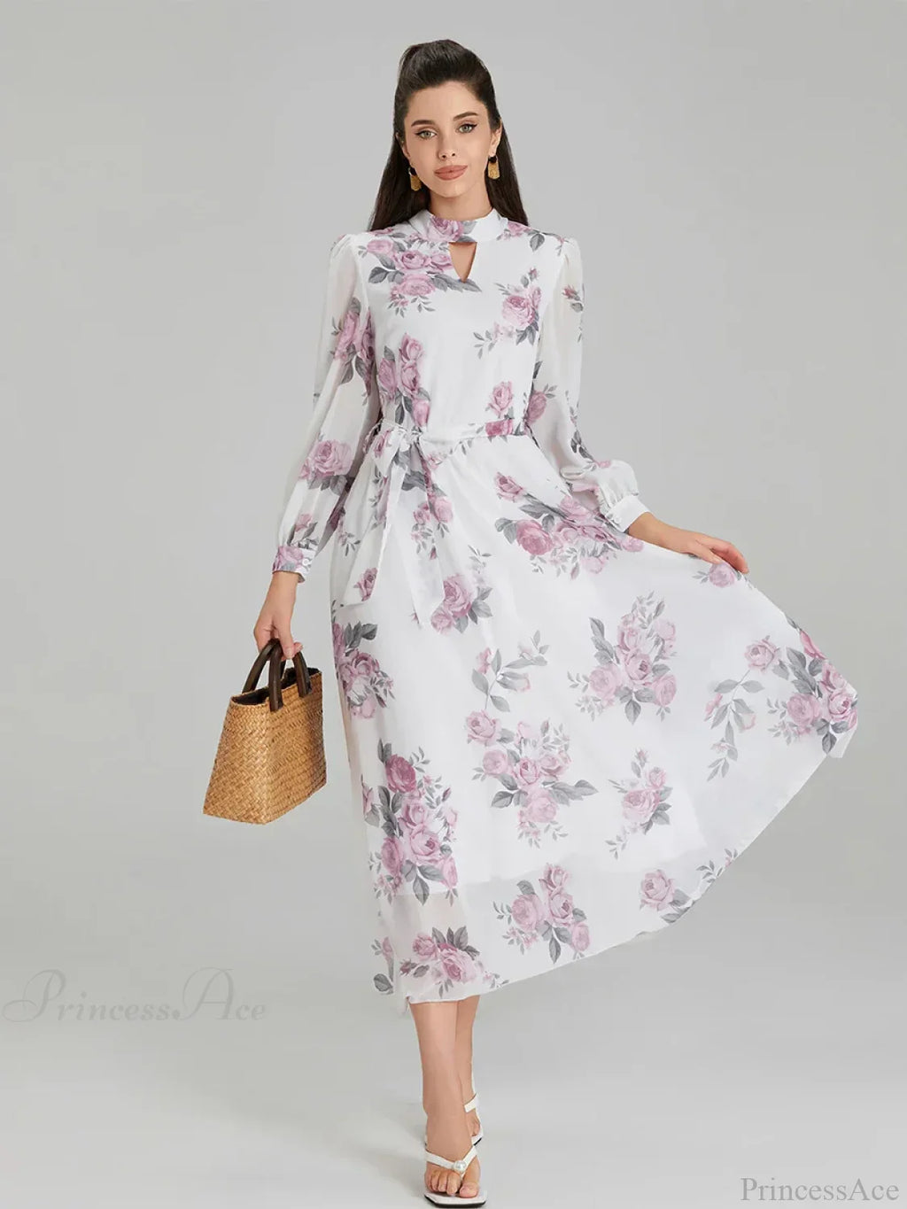 Elegant Floral Print Chiffon Long Lantern Sleeve Tie Waist Floral Dress image 3