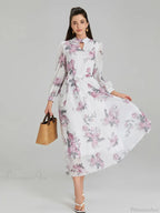 Elegant Floral Print Chiffon Long Lantern Sleeve Tie Waist Floral Dress image 3