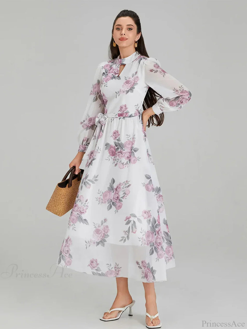 Elegant Floral Print Chiffon Long Lantern Sleeve Tie Waist Floral Dress image 6