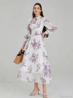 Elegant Floral Print Chiffon Long Lantern Sleeve Tie Waist Floral Dress image 6