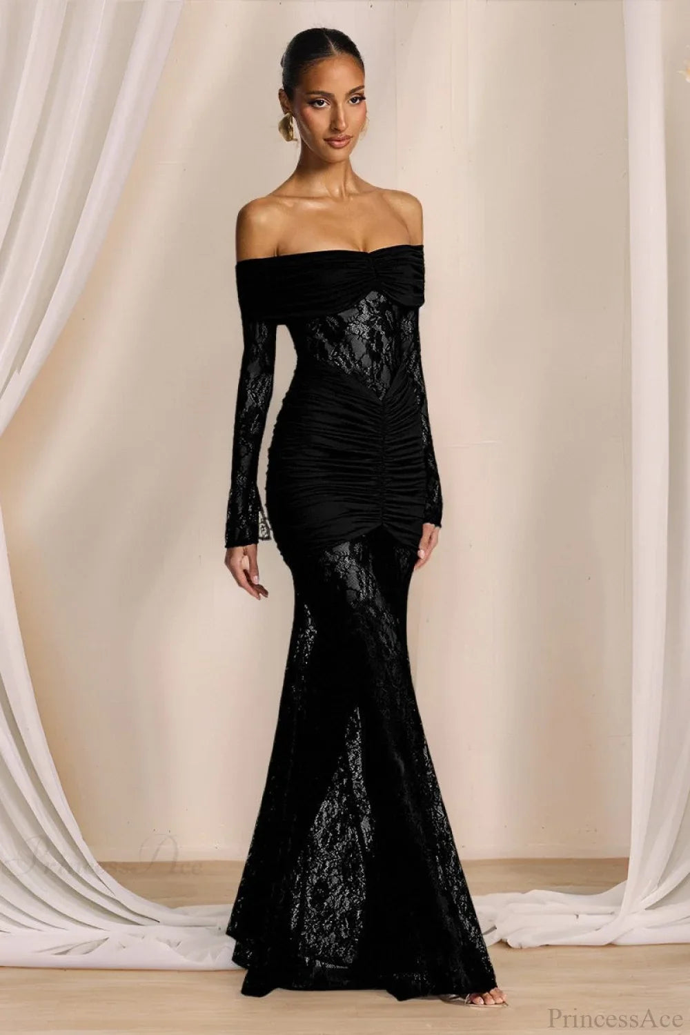 Elegant Lace Off-the-Shoulder Long Sleeve Bodycon Evening Dress image 3