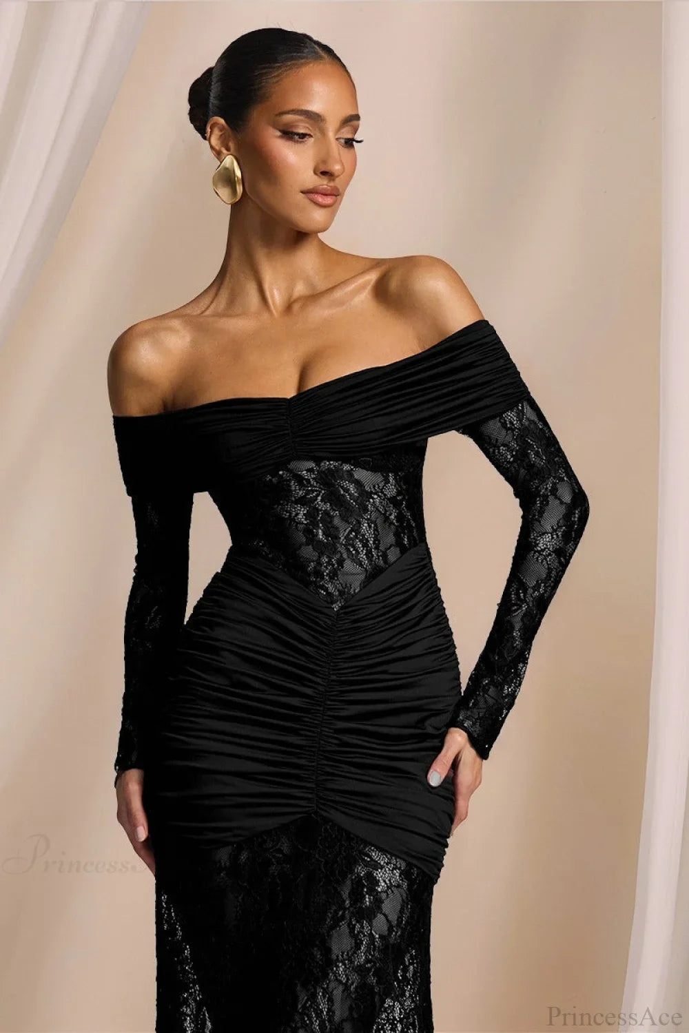 Elegant Lace Off-the-Shoulder Long Sleeve Bodycon Evening Dress image 2