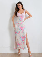 Elegant Lace Patchwork Floral Mesh Backless V-Neck High Slit Party Dress image 6