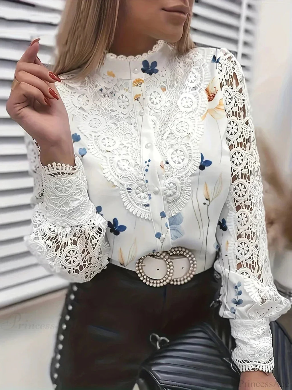 Elegant Lace Patchwork White Blouse image 5