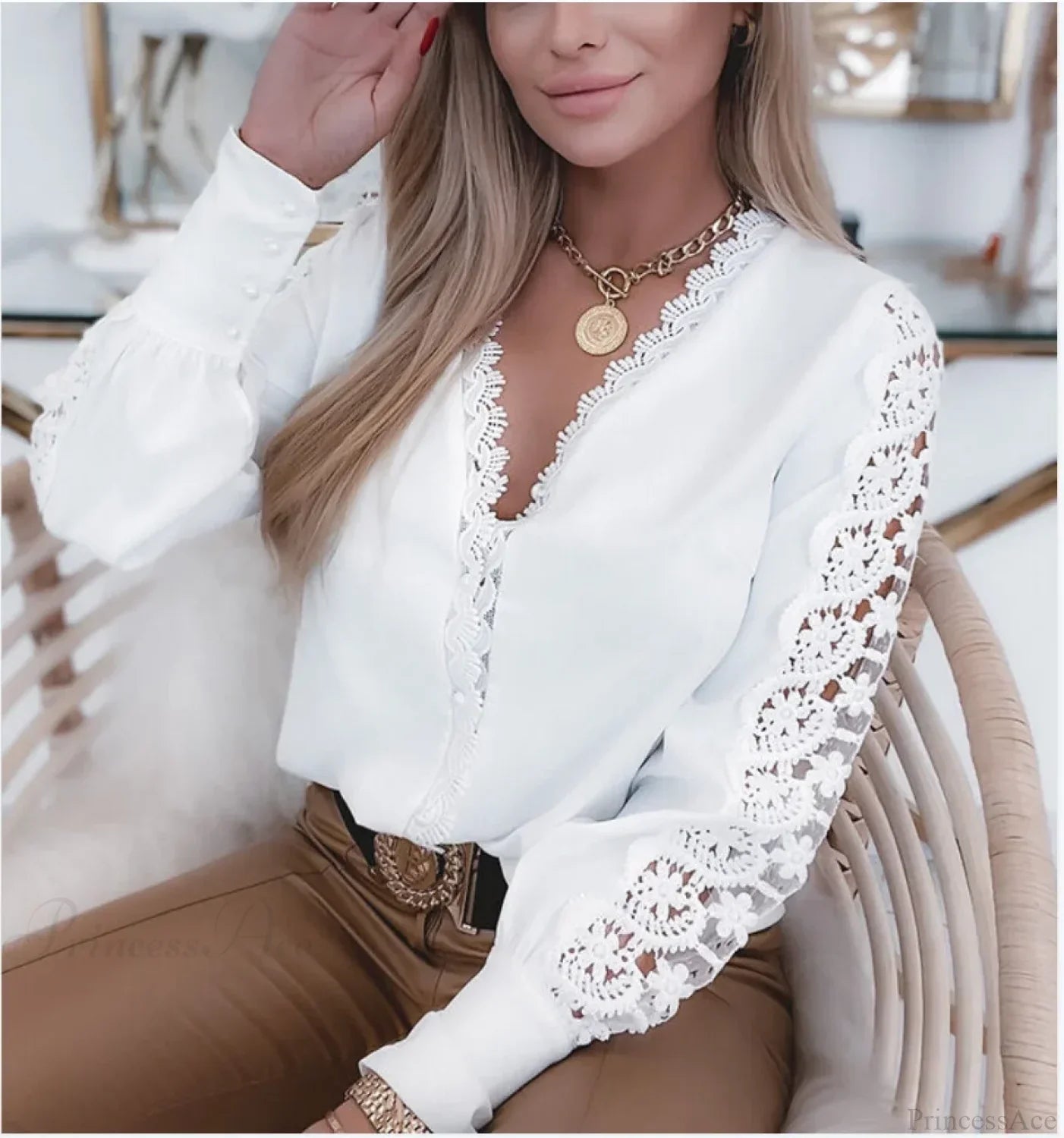 Elegant Lace Patchwork White Blouse image 2