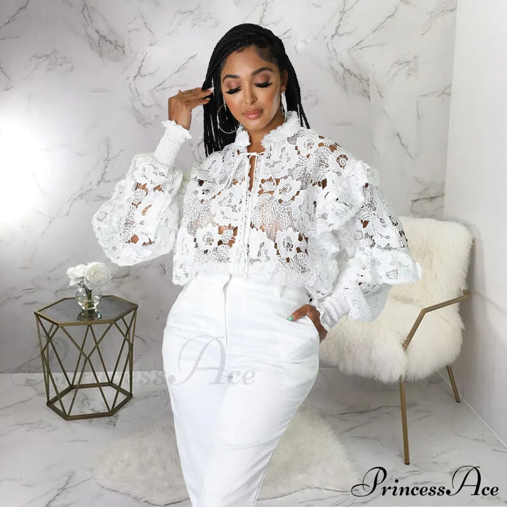 Elegant Lace See Though Ruffles Lantern Blouse image 1