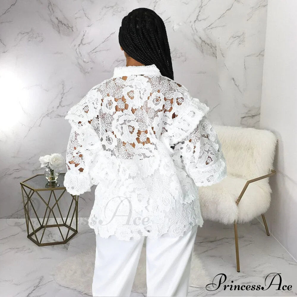 Elegant Lace See Though Ruffles Lantern Blouse image 2