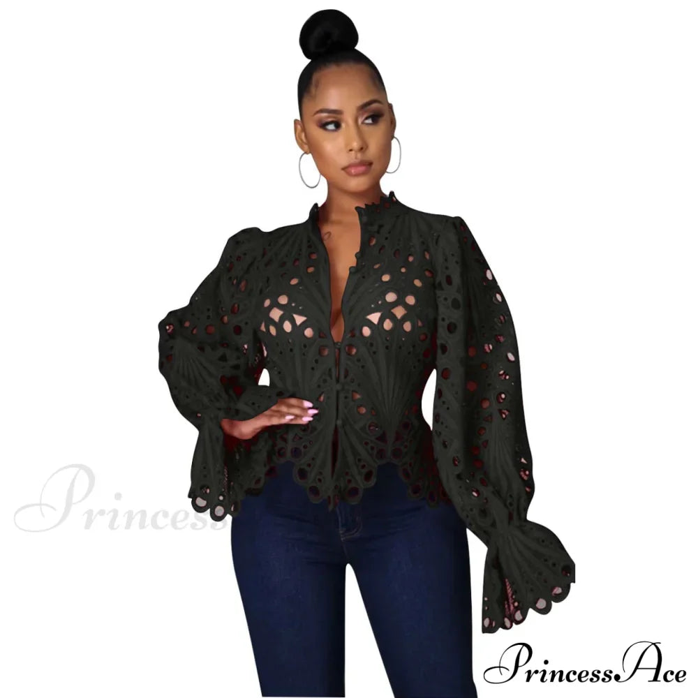 Elegant Lace See Though Ruffles Lantern Blouse image 8