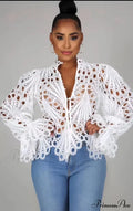 Elegant Lace See Though Ruffles Lantern Blouse image 6