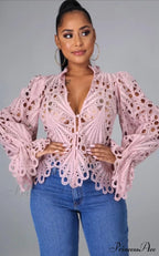 Elegant Lace See Though Ruffles Lantern Blouse image 7