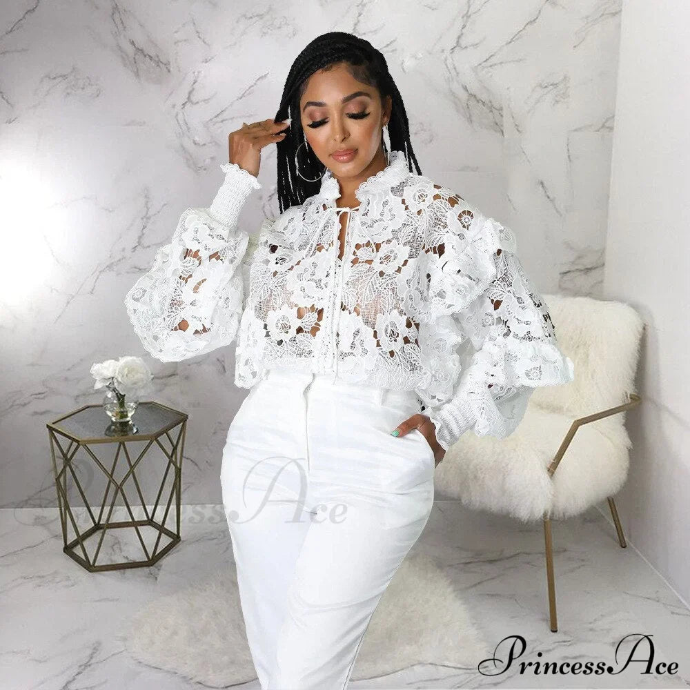 Elegant Lace See Though Ruffles Lantern Blouse image 9