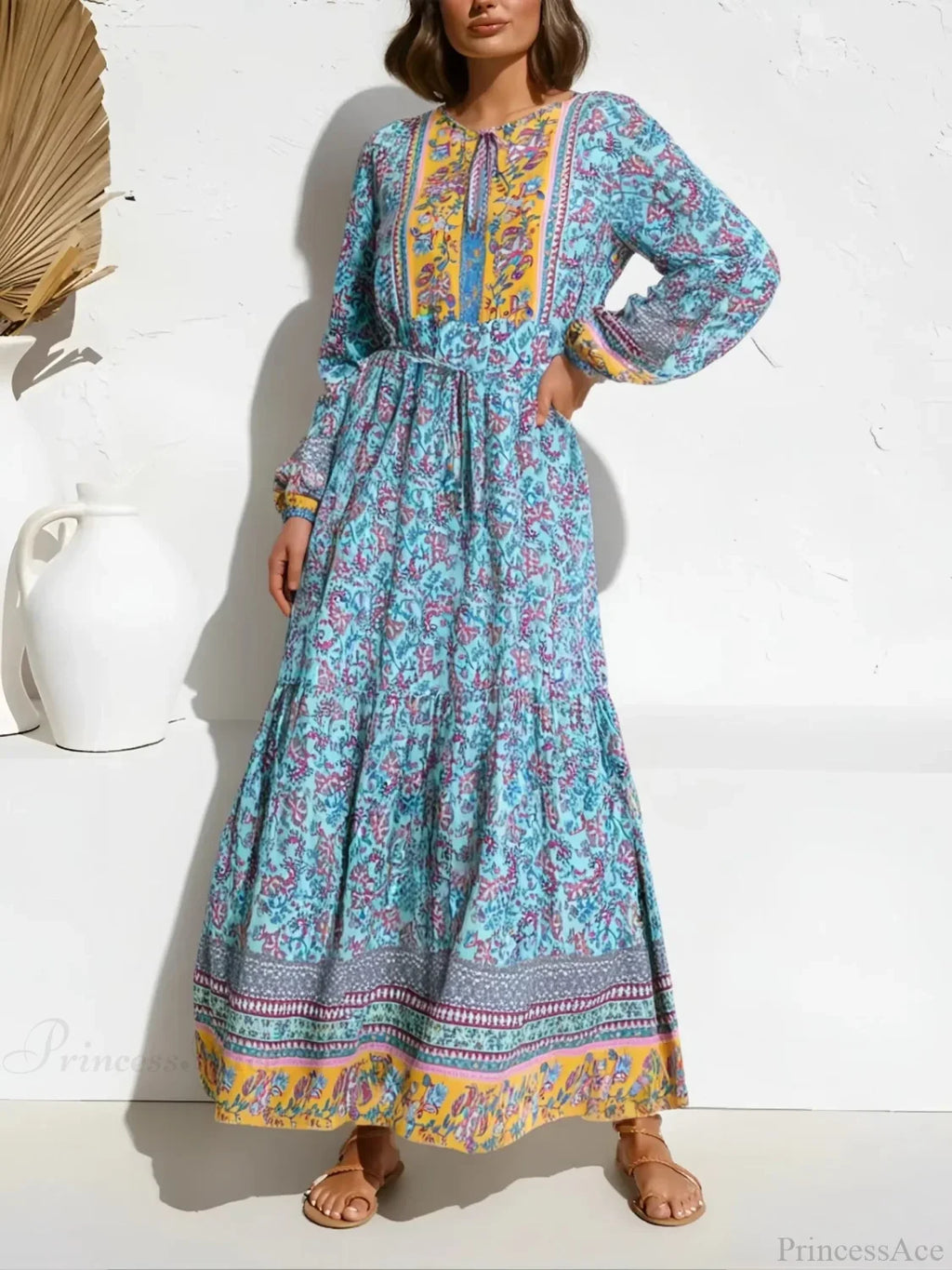 Elegant Lace-up Floral Print Boho Dress image 1