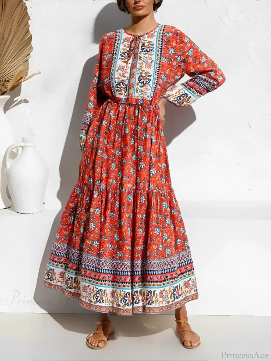 Elegant Lace-up Floral Print Boho Dress image 2