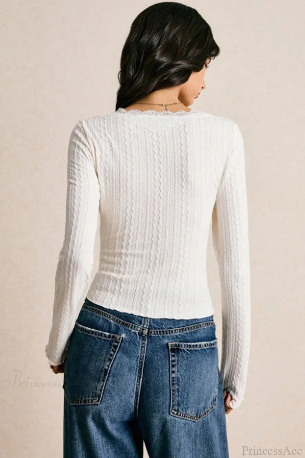 Elegant Lace V-Neck Slim Fitted Long Sleeve Tee image 3