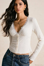 Elegant Lace V-Neck Slim Fitted Long Sleeve Tee image 1