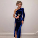 Elegant Long Sleeve Party Evening Velvet Bodycon Split Pencil Midi Party Dress image 1