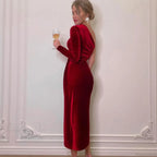 Elegant Long Sleeve Party Evening Velvet Bodycon Split Pencil Midi Party Dress image 4