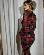Elegant Long Sleeve Silk Flower Lace Up Red Party Dress image 2