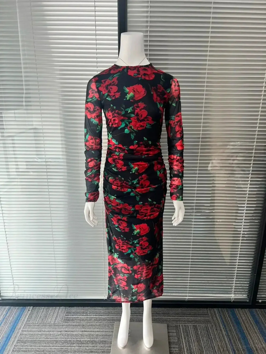 Elegant Long Sleeve Silk Flower Lace Up Red Party Dress image 3