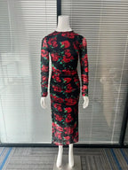 Elegant Long Sleeve Silk Flower Lace Up Red Party Dress image 3