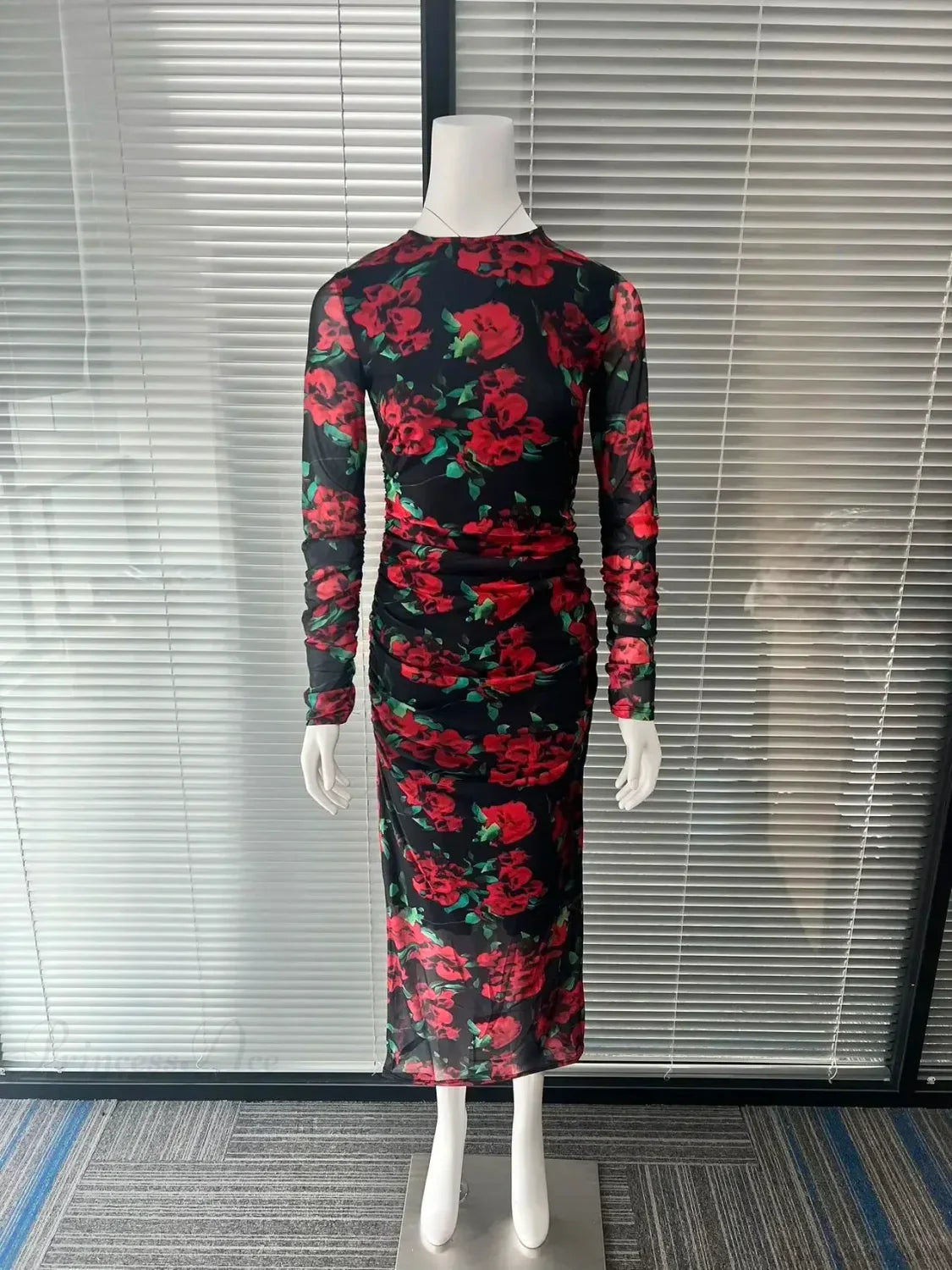 Elegant Long Sleeve Silk Flower Lace Up Red Party Dress image 3